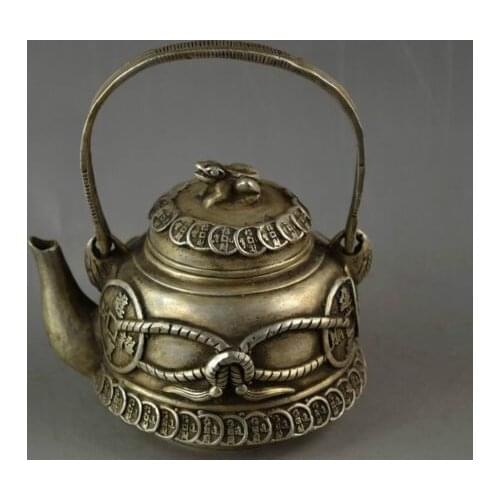 China Old Handwork Miao Silver Carve C0in & Frog Lid Get Rich Good Lucky Teapot Garden Decoration 100% real Tibetan Silver Brass