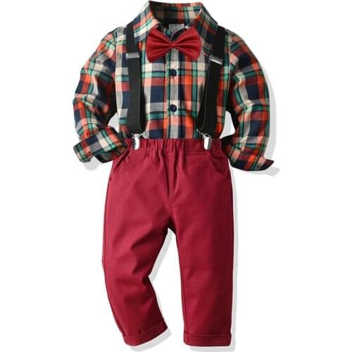 4 Pcs Children Boys Sets Long Sleeve Shirt Plaid Long Pants Suspender Bow Tie AUTUMN Baby Infant Boy Clothing Set New