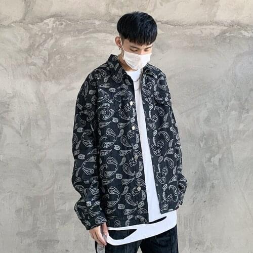 Fashion Mens Jeans Slim Fit MENS Jacket Jeans Coat Ins Street Retro Hip-Hop West Coast Cashew Flower Full Print Denim Jacket