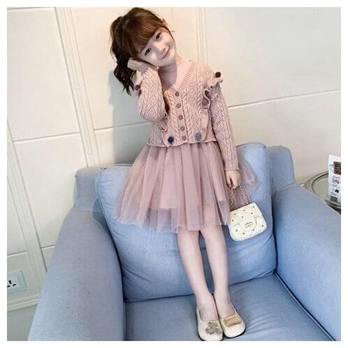 2021 New Spring Autumn Girls Suit Fashion Pure Color Casual Knitted Long-Sleeved Cardigan Mesh Skirt Dress Two-Piece Suit