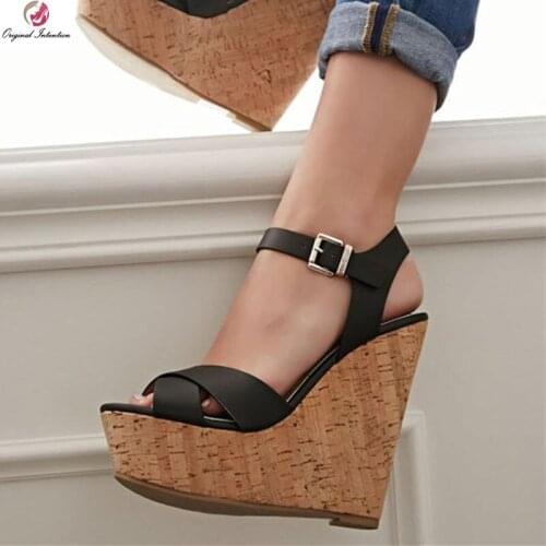 Original Intention New Women Sandas Peep Toe Wedge Platform Holidays High Heels Sandals Sexy Brown Shoes Woman Plus Size 4-15