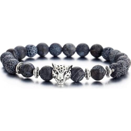 Wholesale Price Charm Pulseras Hombre Silver Color Leopard head Bracelet For Women Natural Stone Beaded Bracelets Men Jewelry