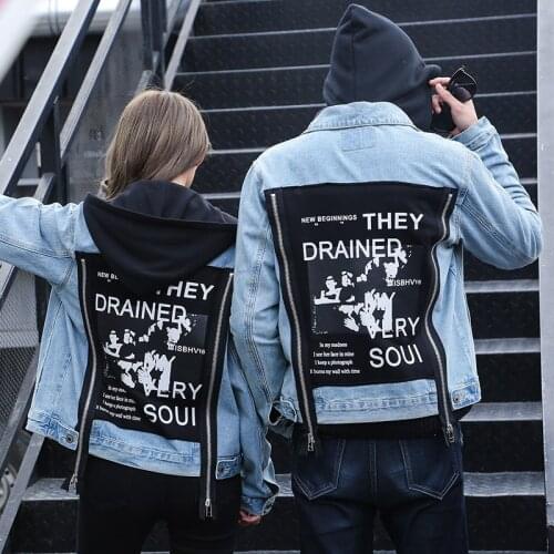 Autumn Fashion Denim Jacket Women Jeans Jacket Coat Long Sleeve Casual Female or Male BF Printed Graffiti Hooded Loose Jackets