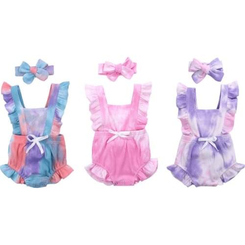 Infant Newborn Baby Girls Summer Romper Ruffled Sleeveless Gradient Color Romper + Headband 2Pcs Outfit 0-24M