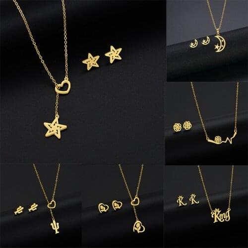 Rinhoo Stainless Steel Pendant Necklace Earrings Sets Heart Moon Star Starfish Rose Jewelry Sets Gifts for Mom Wife GirlFriend