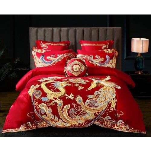 Luxury Gold Dragon Phoenix Embroidery Red Chinese Wedding Egyptian Cotton Bedding Set Duvet Cover Bed Sheet Bedspread Pillowcase