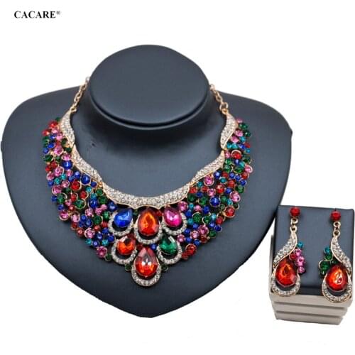 Luxury Dubai Gold Jewelry Sets Women Big Necklace Earring Set Indian Jewellery F1162 Rhinestone Party Jewels 6 Colors CACARE