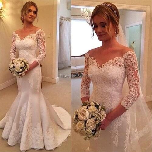 Sexy V Neck Lace Mermaid Wedding Dresses with Appliques Long Sleeves Elegant Satin Vestido De Noiva Formal Ivory Bridal Gowns