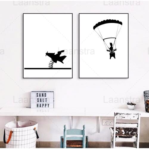 Lovely Animals Home Decoration Black and White Simple Living Room Wall Canvas Poster Rabbit Shadow Bedroom Childrens Room Print