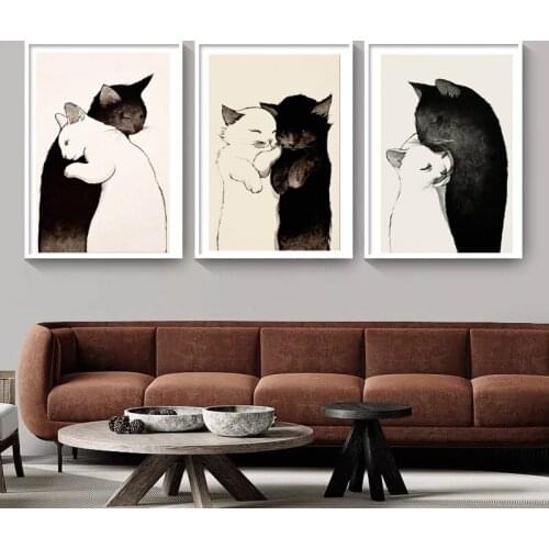 Nordic Animals Cute Black White Cat Canvas Painting Poster Home Decor Decoration Couples Modular Art Wall Pictures For Modern