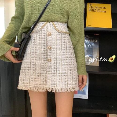 Tassel Pearls Buttons Tweed Skirts Women Vintage Kawaii Short Mini Skirts Woolen Zipper High Waist A-Line Pencil Skirt New A036