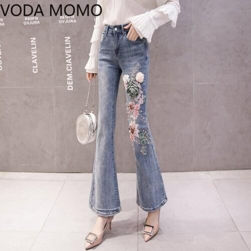 Vintage embroidery High Waisted Flare Jeans For Women Bell Bottom Denim Trousers Slim Elegant Wide Leg Jeans woman Streetwear