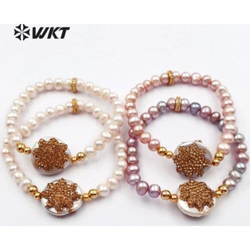WT-RB032 WKT New Arrival Fresh style Natural Pearl Beads Bracelets With Flower Shape Pave Beads And Freshwater Bracelets