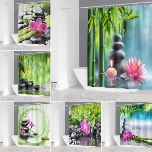 Zen Stone Green Bamboo Lotus Pattern Fabric Shower Curtain 3d Bathroom Curtains with Hooks Home Decoration Polyester Bath Screen