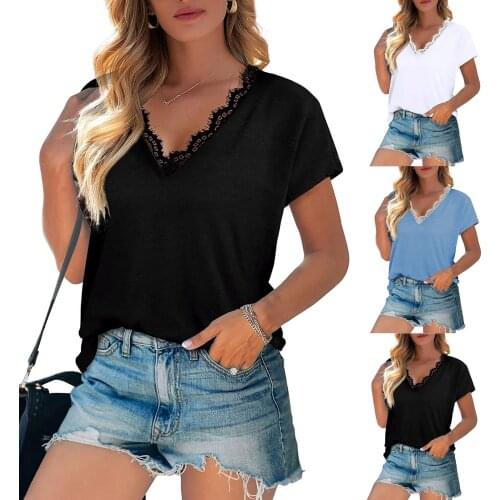 Women Tshirt Casual Solid Color Short Sleeve Fashion V Neck Lace Collar Summer T shirt Tops Breathable Cozy Top Femme Loose Tee