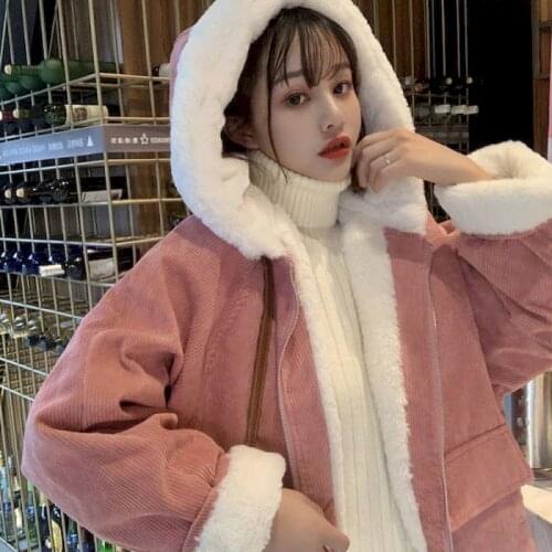 2021 Autumn Winter Hooded Corduroy Jacket Korean Style Loose Fashion Top Women Clothing Oversize Clothes Goth Harajuku Kawaii