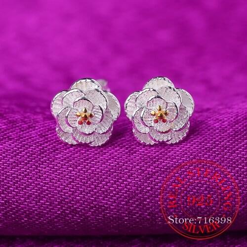 925 Sterling Silver Rose Flower Stud Earrings For Women Wedding Jewelry Female pendientes mujer moda aretes de mujer eh011