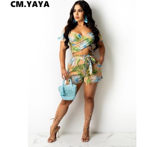 CM.YAYA Women Set Print Off Shoulder Short Sleeve Crop Tops Bandage Straight Shorts Two 2 Piece Sets Fashion Outfits Summer 2021