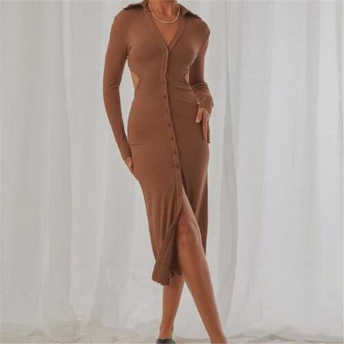 Women Solid Color Hollow-out Dress Long Sleeve Deep V-neck Front Split Dress Spring Autumn Beach Club Party Robe Streetwear