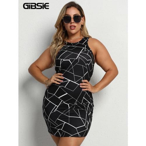 GIBSIE Geometric Print Womens Plus Size Bodycon Dress Summer Office Casual O-Neck Sleeveless Mini Dresses Big Size 4xl xxxl