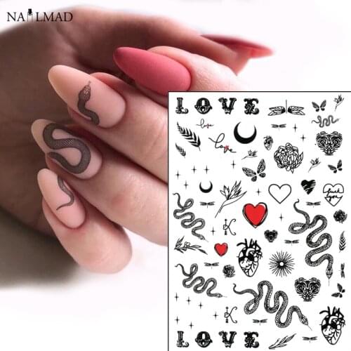 1pc Black Snake Deisgn Nail Art Sticker White Flower Snake Nail Decal Nail Adhesive Sticker Decals Nail Decorations