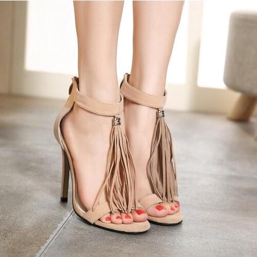 Fashion long fringe high heel sandals newest tassel suede thin heels women summer sandals party shoes woman big size 42