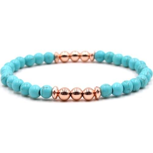 Rose Gold Color Small Round Alloy Beads Connect Green Turquoises Stone Elastic Bracelet Fashion Jewelry