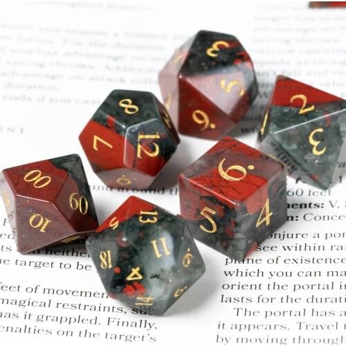 Cusdie Set of 7 Handmade Blood Stone Dice, 16mm Polyhedral Stone Dice Set with Leather Box, DND Dices for Collection
