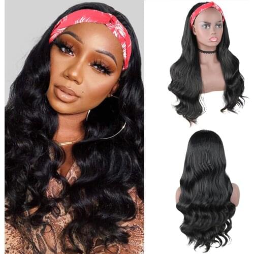 Long Body Wave Headband Wigs for Black Women Synthetic Black Wig with Headband Natural Looking Heat Resistant Daily Use 24inch