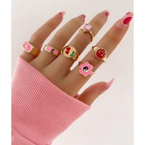 Stillgirl 6Pcs Cute Tai Chi Pink Crystal Heart Rings for Women Aesthetic Flame Stranger Things Girls Y2k Fashion Jewelry Anillos