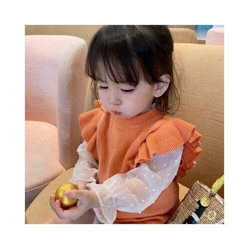 Baby Girl Clothing Sets 2020 Autumn Korean Style Childrens Girls Lace Puff Sleeve Shirt+knitted Sweaters Dress 2pcs Suits 1-6Y