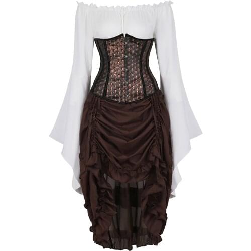 Corset Underbust with Pirate Skirt and Blouse Skull Faux Leather Plus Boned Bustiers Steampunk Evening Carnival Party Costumes