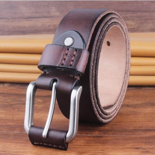 Handmade thread stitching mens belt double prong big size genuine leather strap luxury pin buckle fancy vintage belt for jeans