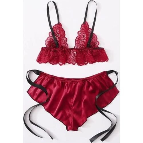 Sexy Two Pieces Lingerie Exotic Sets Babydoll Women Lace Triangle Bralette Bra Lace Up Bowknot Shorts Satin Sleepwear Underwear