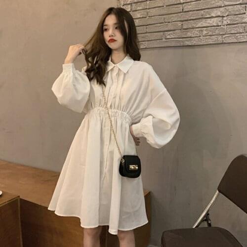 Dress Women Long Sleeve Lantern Knee-length Turn-down Collar Elegant Women Dresses Slim Loose Fashion Ladies Thin Summer Solid