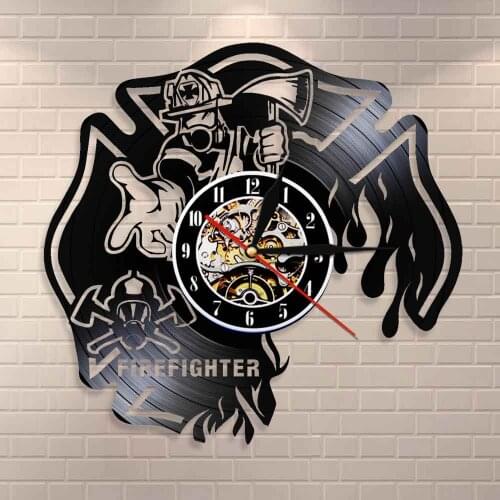 Firemen Helmet Fire Rescue Vinyl Record Wall Clock Firefighter Clock Fire Dept Wall Decor Wall Clock Burned Maltese Cross Clock
