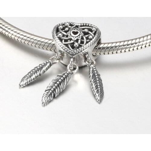 S925 Pendant Openwork Heart Bead fit Lady Bracelet Spiritual Dream Catcher Dangle Charm DIY Jewelry