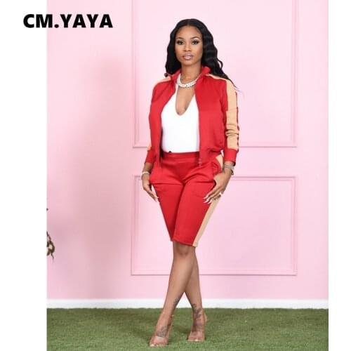 CM.YAYA Women Set Patchwork Zipoper Full Sleeve Tops Knee Length Pants Two 2 Piece Sets Casual Tracksuit Summer Outfit Fashion