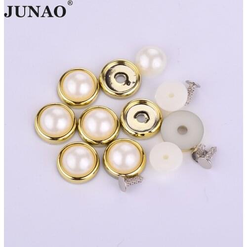 JUNAO 6 8 10 12 14 mm White Pearl Stud Rhinestones Rivet Pearl Spike Gold Flatback Claw Crystal Beads Rivet Applique for Clothes