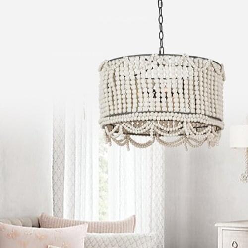 Vintage Pink wooden beads pendant lights White retro boho hanging lighting bedroom living room nordic lamps antique home decor