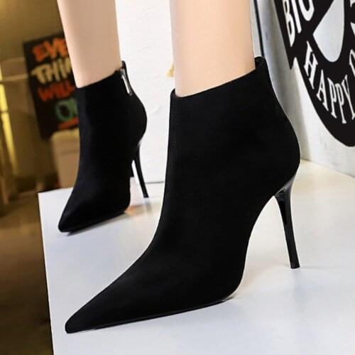 Woman Zipper Concise Ankle Boots Solid Flock High Heels Office Lady Shoes Pointed Toe 2021 Spring Autumn Martin Boot Female Sexy