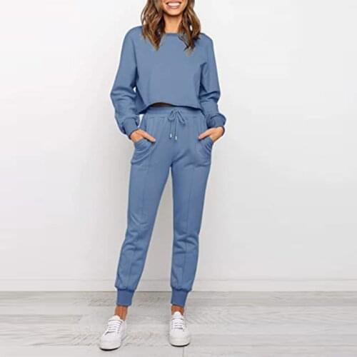 Womens O-Neck Tracksuit Set Solid Long Sleeve Casual Top Female Suits Drawstring Harem Pants Autumn 2021 Fashion Two Piece Sets