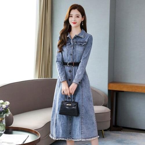 Office Lady Denim Dress Spring Autumn Fashion Slim Lapel Long Sleeve Jeans Dress Women Retro Single-breasted A Line Midi Dresses
