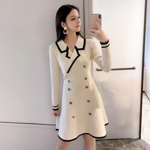 New Korean Summer Retro Contrast Color Suit Collar Long Sleeve Knit Runway Dresses Womens Elegant Knitted Slim Dress Vestido