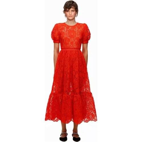 1102 2021 Spring Free Shipping Womens Dress Red Hollow Out Short Sleeve Fashion Dress As