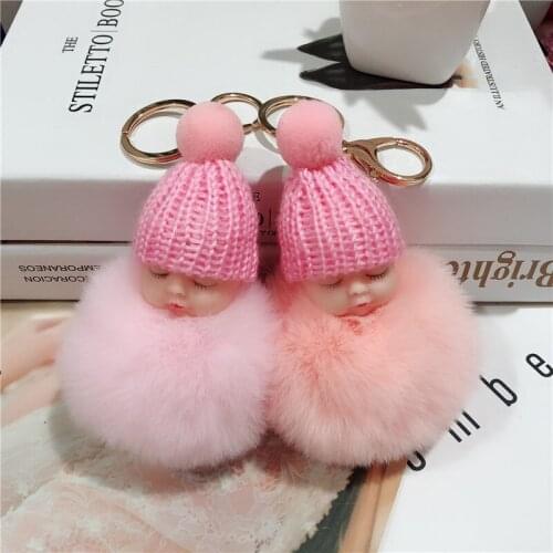 Key Chain Holder Colorful Sleeping Baby Doll Hanging Hair Ball Pendant Cute Fluffy Pompom Chain Cotton Wool Holder Bag Ball Toy