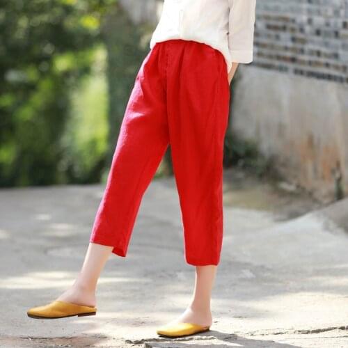 Women Summer Elastic Waist Loose Linen Pants Ladies Calf Length Pants Female Red Casual Vintage Linen Trousers 2019