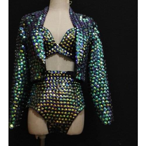 F81 Full diamonds singer host stage costumes prom ballroom dancer wears dress clothe party bar performance show jacket dj outfit