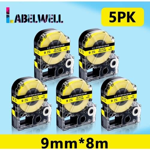 Labelwell 5PK SC9YW tapes for Epson Kingjim SC9YW LK-3YBP 9mm labels Black on Yellow for Epson LW-700 LW-400 LW-300 Label Maker