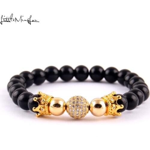 Little Minglou Luxury 8mm bead men bracelet CZ Crown & Ball Charm Braided Bracelets & bangles for women jewelry party gift